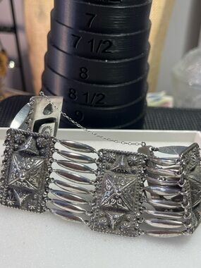 Vintage 925 Doval Mexican panel / ladder bracelet with security chain